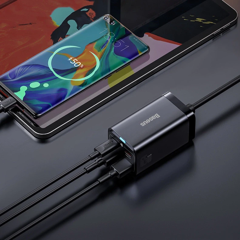 Baseus Sieninis įkroviklis GaN3 Pro 65W 2xUSB + 2xUSB-C QC4+ PD3.0 su USB-C 1.5m laidu, juodas