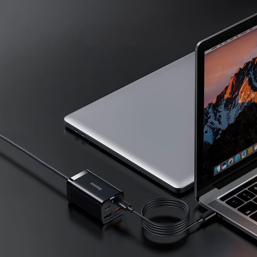 Baseus Sieninis įkroviklis GaN3 Pro 65W 2xUSB + 2xUSB-C QC4+ PD3.0 su USB-C 1.5m laidu, juodas
