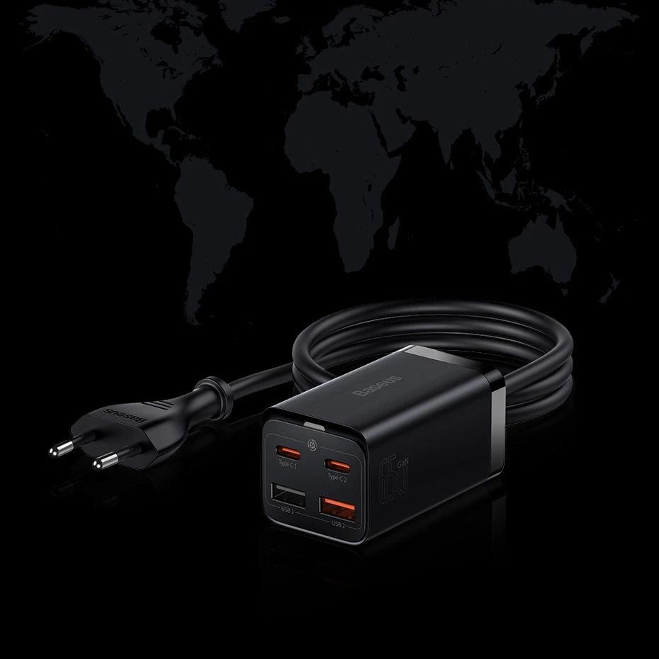 Baseus Sieninis įkroviklis GaN3 Pro 65W 2xUSB + 2xUSB-C QC4+ PD3.0 su USB-C 1.5m laidu, juodas