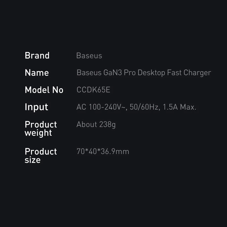 Baseus Sieninis įkroviklis GaN3 Pro 65W 2xUSB + 2xUSB-C QC4+ PD3.0 su USB-C 1.5m laidu, juodas