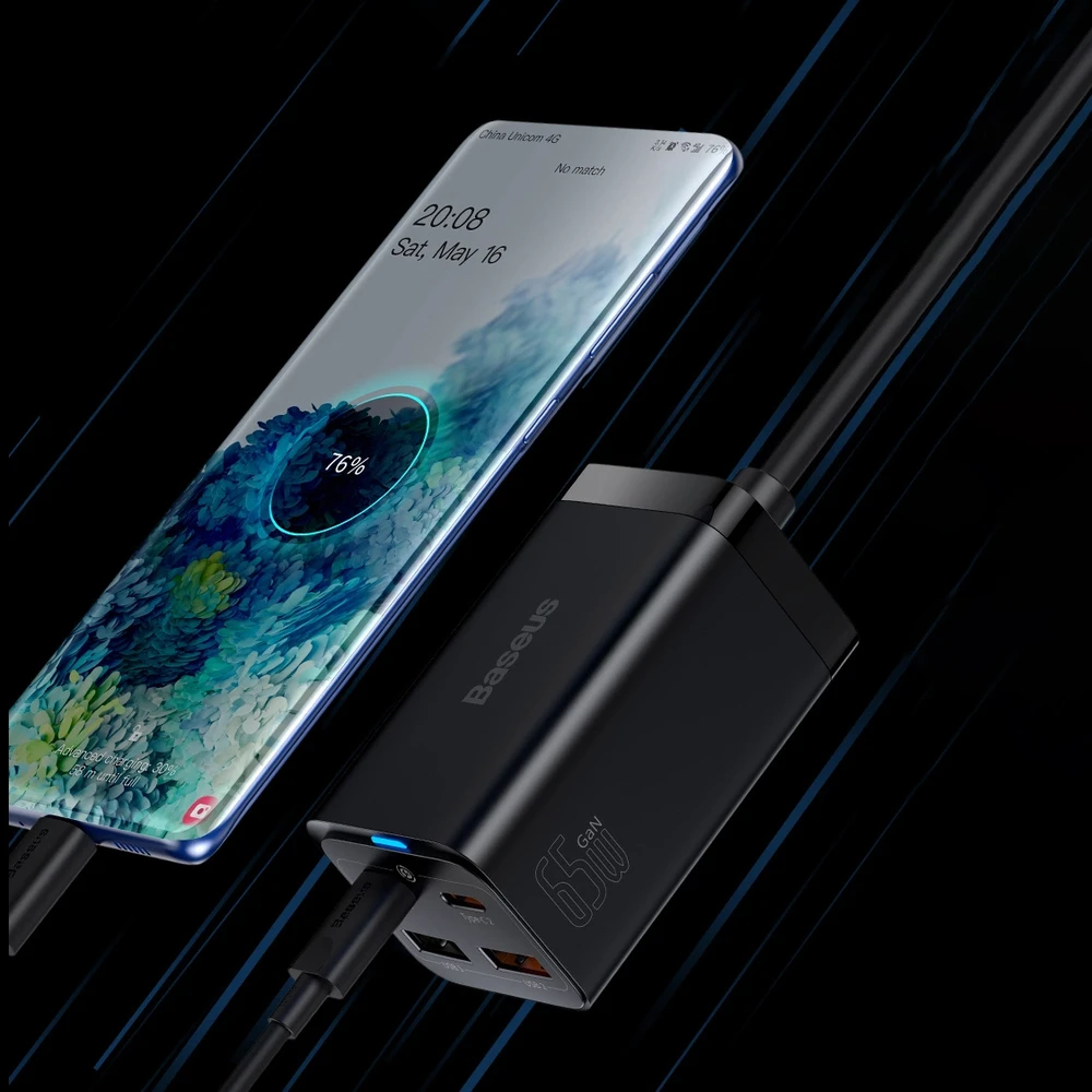 Baseus Sieninis įkroviklis GaN3 Pro 65W 2xUSB + 2xUSB-C QC4+ PD3.0 su USB-C 1.5m laidu, juodas