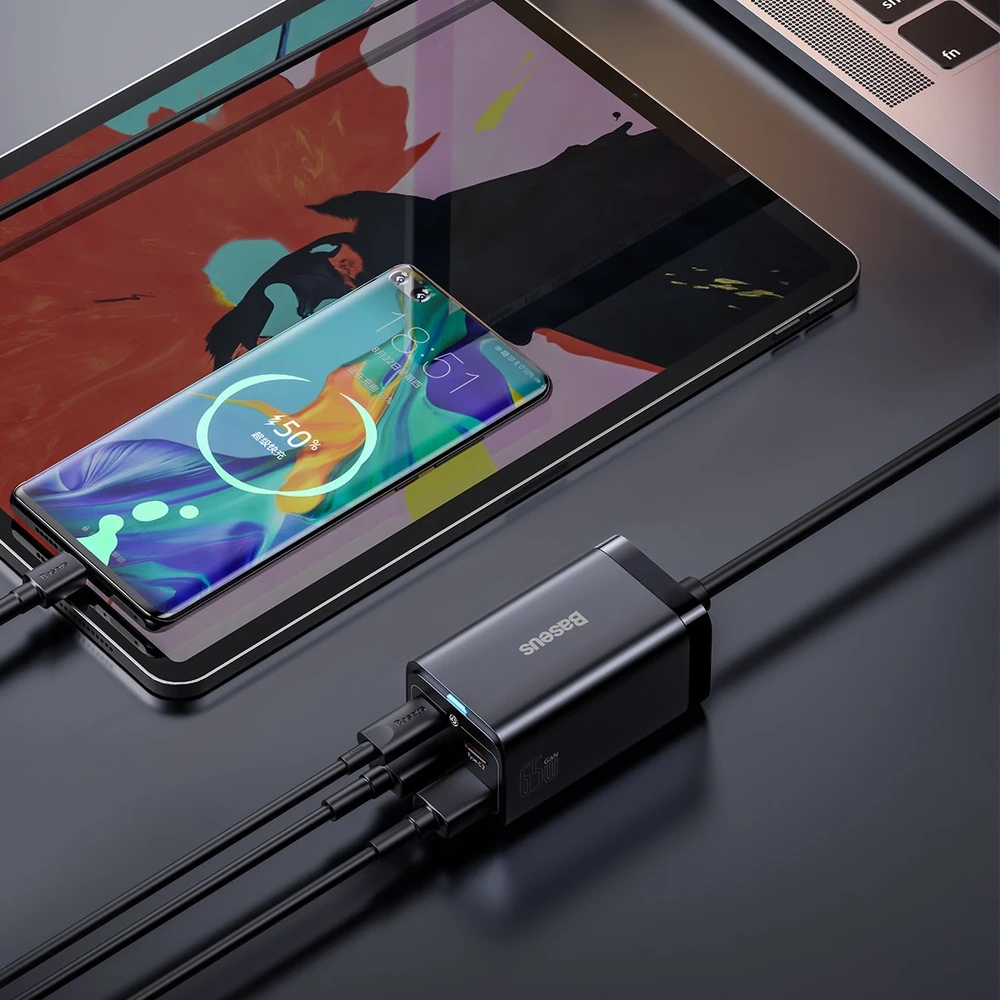 Baseus Sieninis įkroviklis GaN3 Pro 65W 2xUSB + 2xUSB-C QC4+ PD3.0 su USB-C 1.5m laidu, juodas