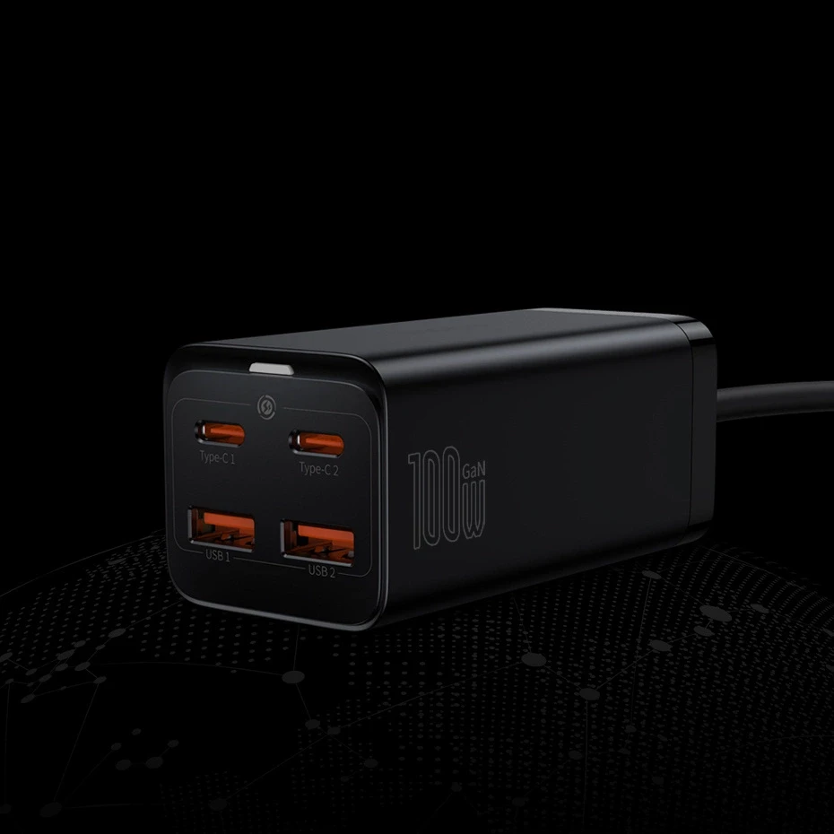 Baseus GaN3 Pro greitas universalus įkroviklis GaN 2 x C tipo USB / 2x USB 100W PD3.0, QC4.0+, AFC, juodas (CCGP000101)