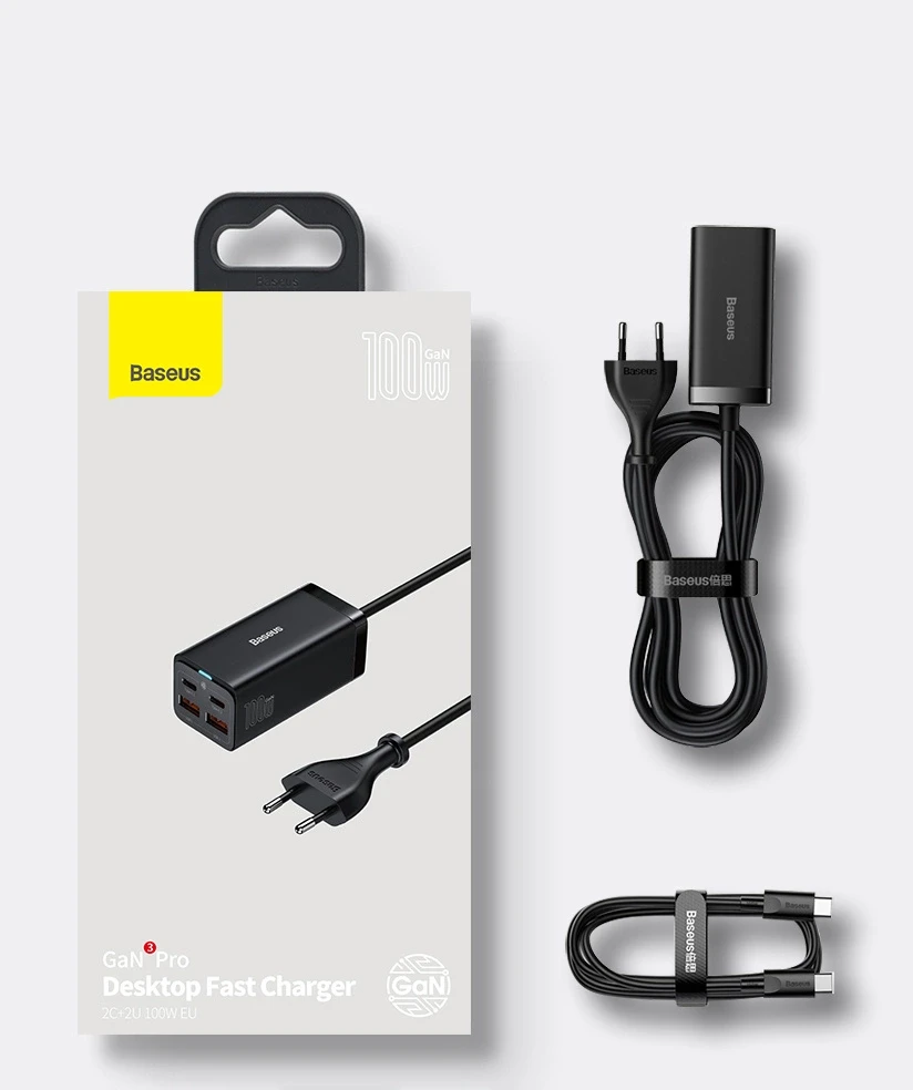 Baseus GaN3 Pro greitas universalus įkroviklis GaN 2 x C tipo USB / 2x USB 100W PD3.0, QC4.0+, AFC, juodas (CCGP000101)