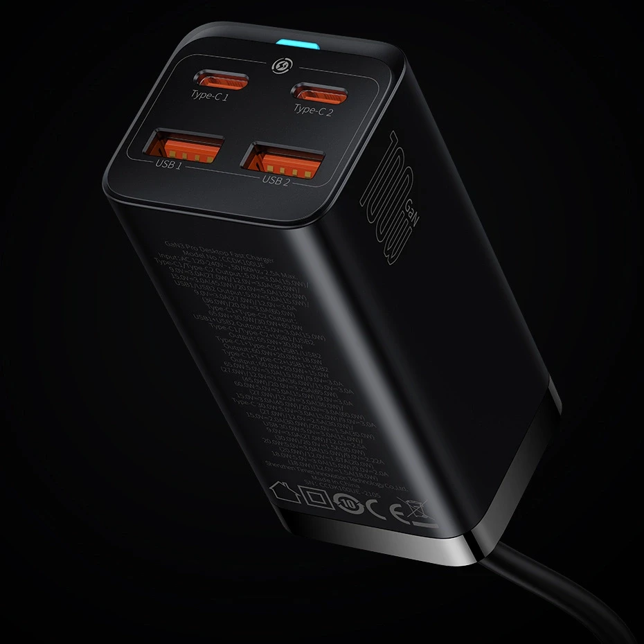 Baseus GaN3 Pro greitas universalus įkroviklis GaN 2 x C tipo USB / 2x USB 100W PD3.0, QC4.0+, AFC, juodas (CCGP000101)