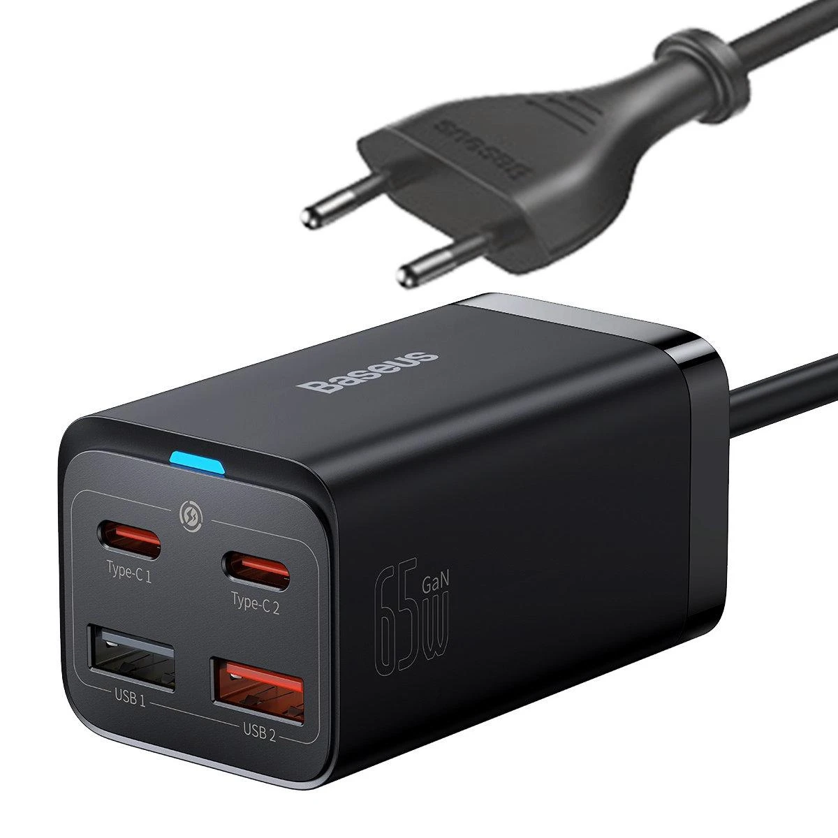 Baseus Sieninis įkroviklis GaN3 Pro 65W 2xUSB + 2xUSB-C QC4+ PD3.0 su USB-C 1.5m laidu, juodas