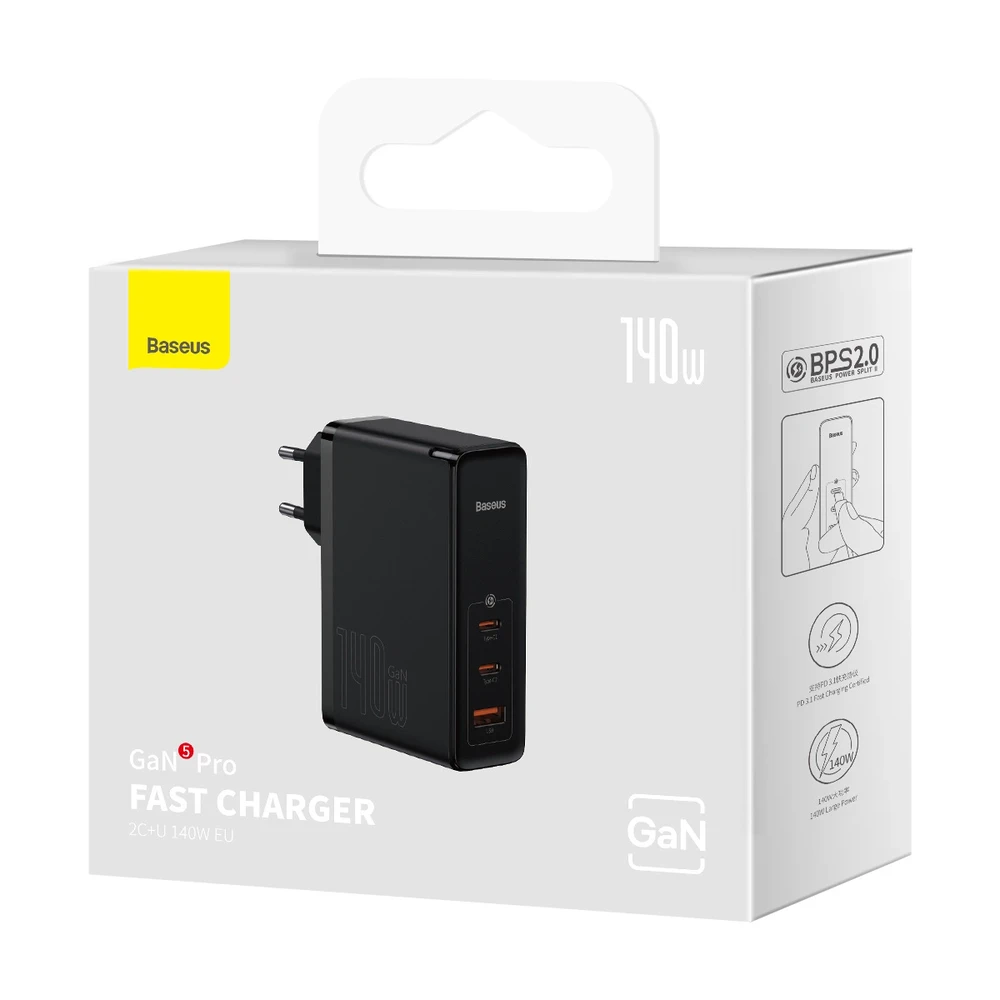Baseus GaN5 Pro greitas įkroviklis 2C+U 140W (juodas)