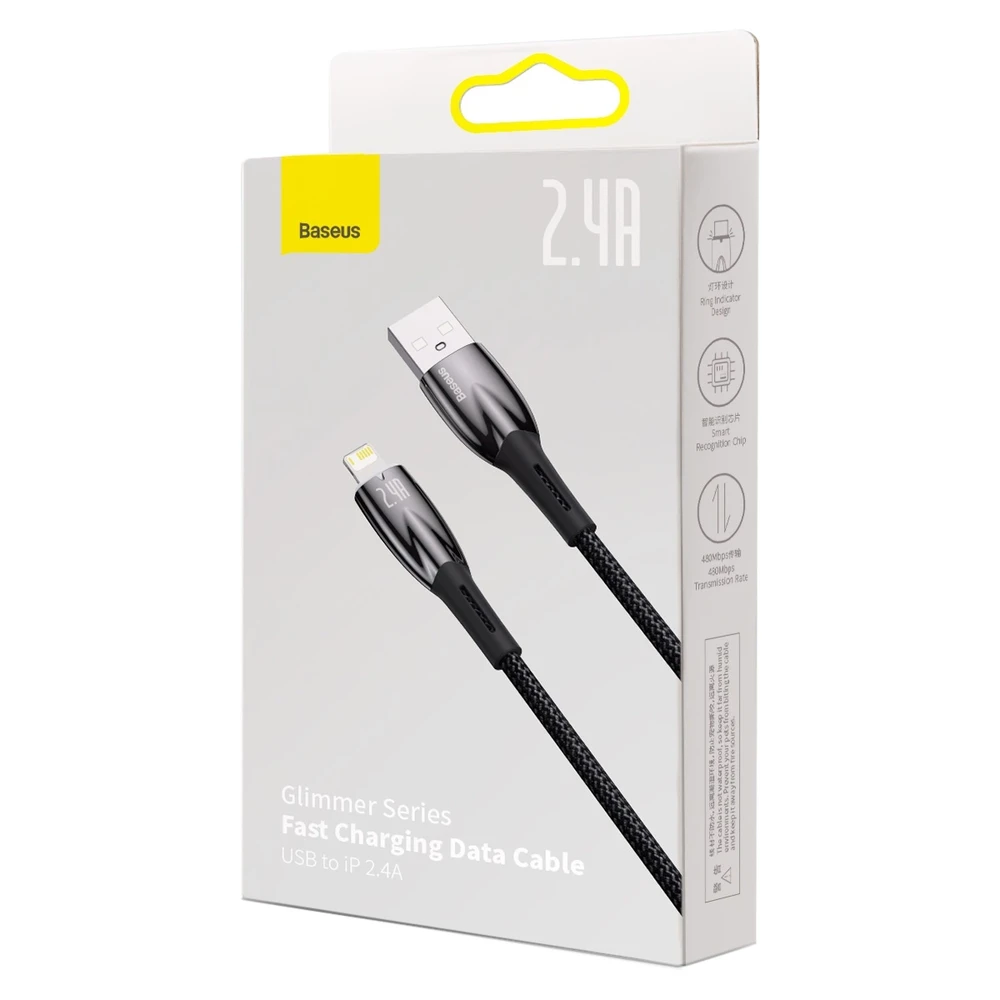 USB laidas, skirtas Lightning Baseus Glimmer Series, 2.4A, 2m (juodas)