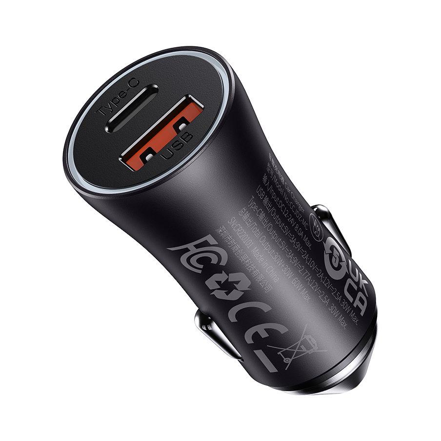 Automobilinis įkroviklis Baseus Golden Contactor Max USB + USB-C 60W - pilkas