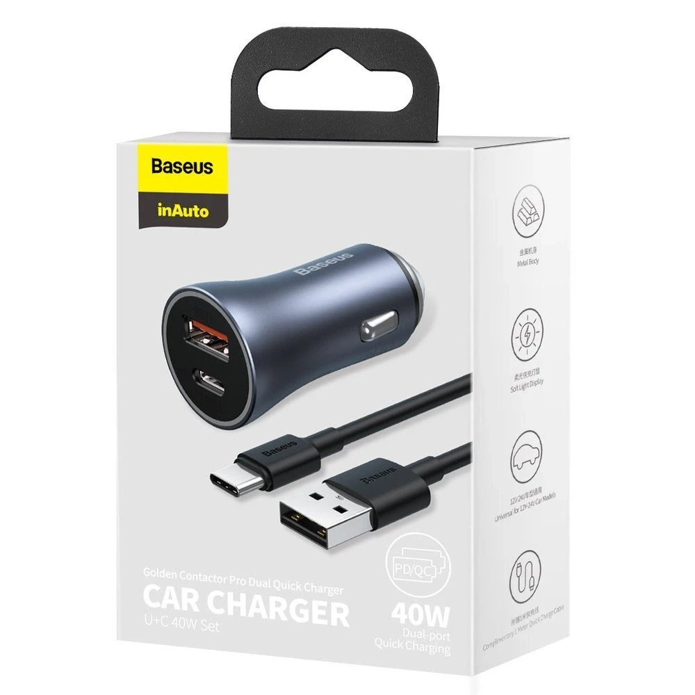 Baseus Golden Contactor Pro USB + USB-C QC4.0 + PD SCP 40W automobilinis įkroviklis + USB - USB-C kabelis 1m