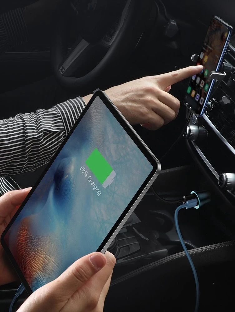 Automobilinis įkroviklis Baseus Golden Contactor Pro, USB + USB-C, QC4.0 +, PD, SCP, 40W (mėlynas) + USB-C - žaibo laidas 1m (mėlynas)