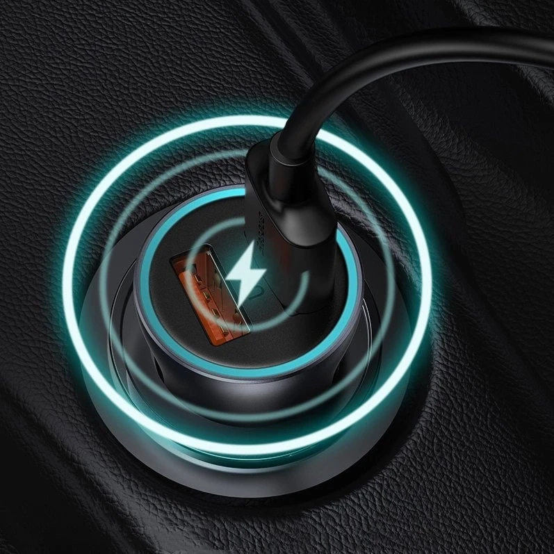 Baseus Automobilinis įkroviklis 40W 12-24V USB + USB-C QC4+ PD3.0 SCP FCP AFC, pilkas