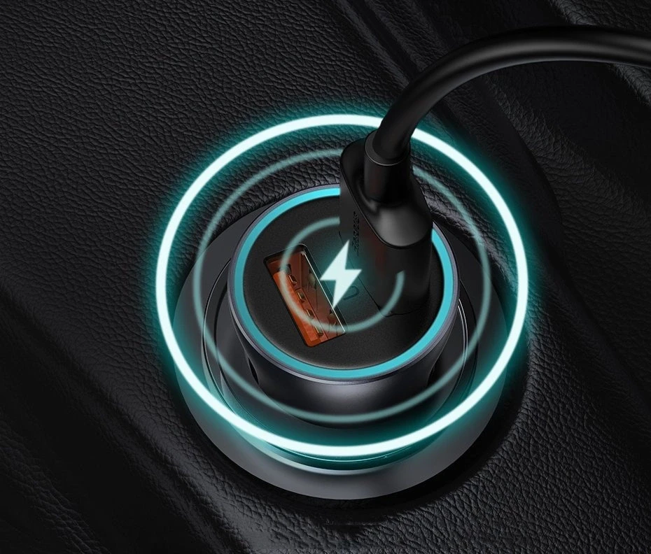 Baseus Automobilinis įkroviklis 40W 12-24V 2xUSB QC4.0 SCP FCP AFC su USB-C 1m laidu, pilkas