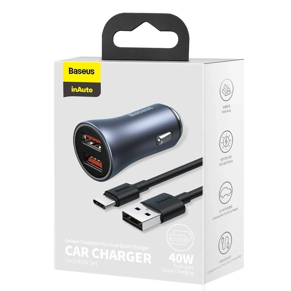 Baseus Automobilinis įkroviklis 40W 12-24V 2xUSB QC4.0 SCP FCP AFC su USB-C 1m laidu, pilkas