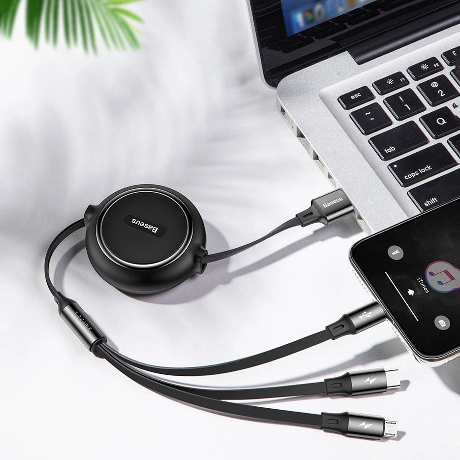 USB kabelis Baseus Golden Loop Three-in-One Micro+Lightning+Type-C 3.5A 1.2m juodas CAMLT-JH01
