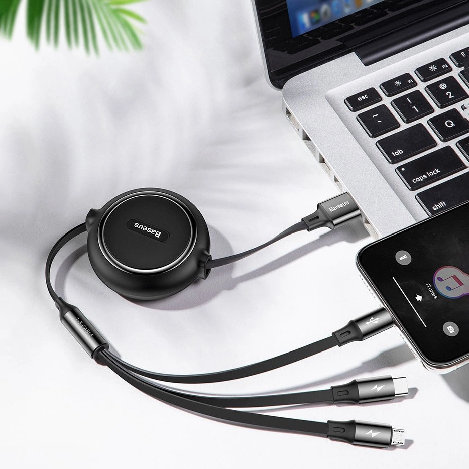Baseus Golden Loop 3in1 extendable cable USB - micro USB / Lightning / USB-C 3.5A 35cm - 120cm juodas (CAMLT-JH01) - OUTLET (Atnaujinta)