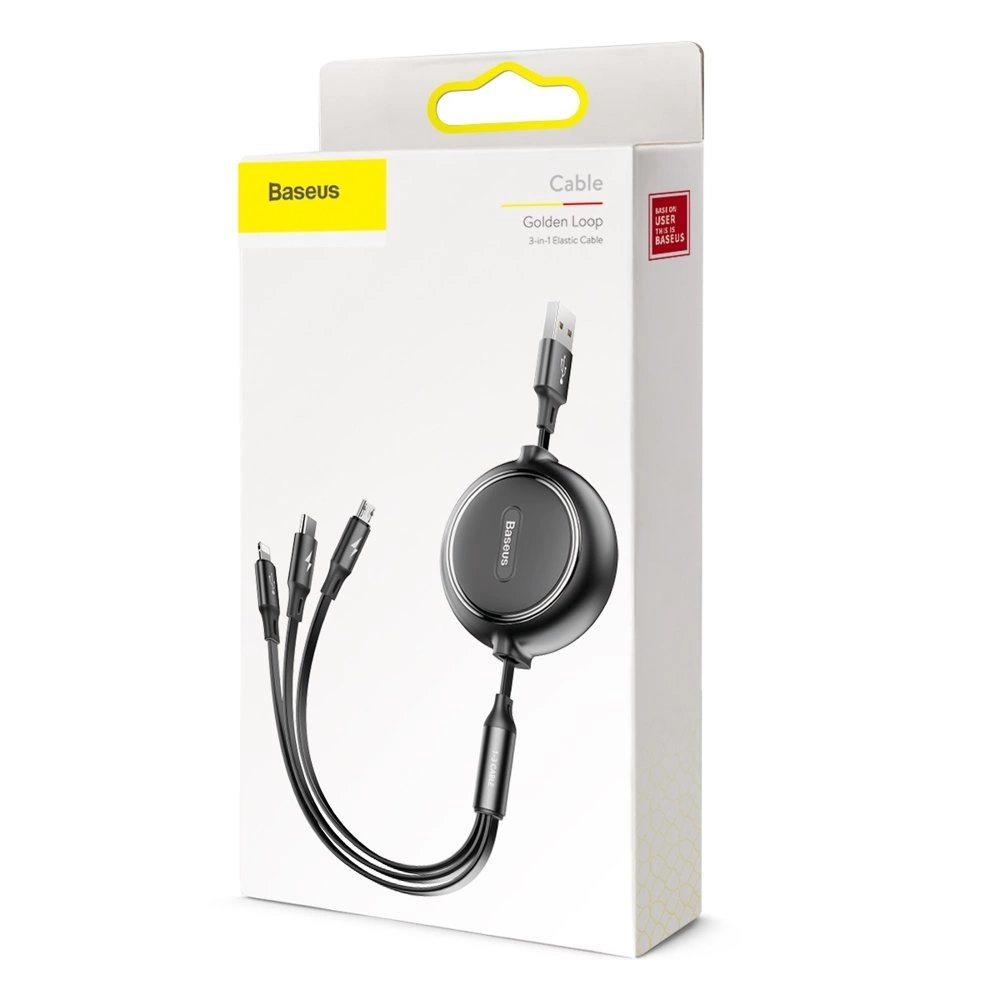 Baseus Golden Loop 3in1 extendable cable USB - micro USB / Lightning / USB-C 3.5A 35cm - 120cm juodas (CAMLT-JH01) - OUTLET (Atnaujinta)