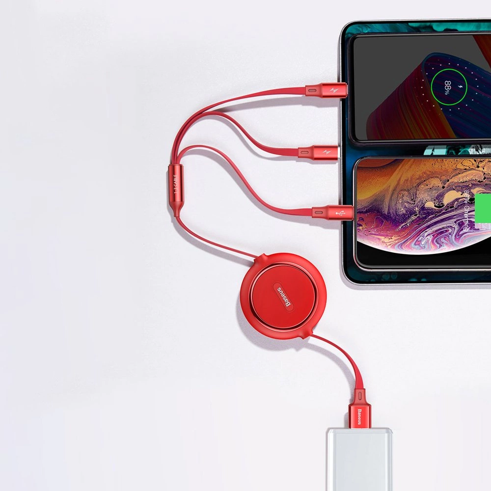 Baseus Golden Loop 3in1 extendable cable USB - micro USB / Lightning / USB-C 3.5A 35cm - 120cm juodas (CAMLT-JH01) - OUTLET (Atnaujinta)