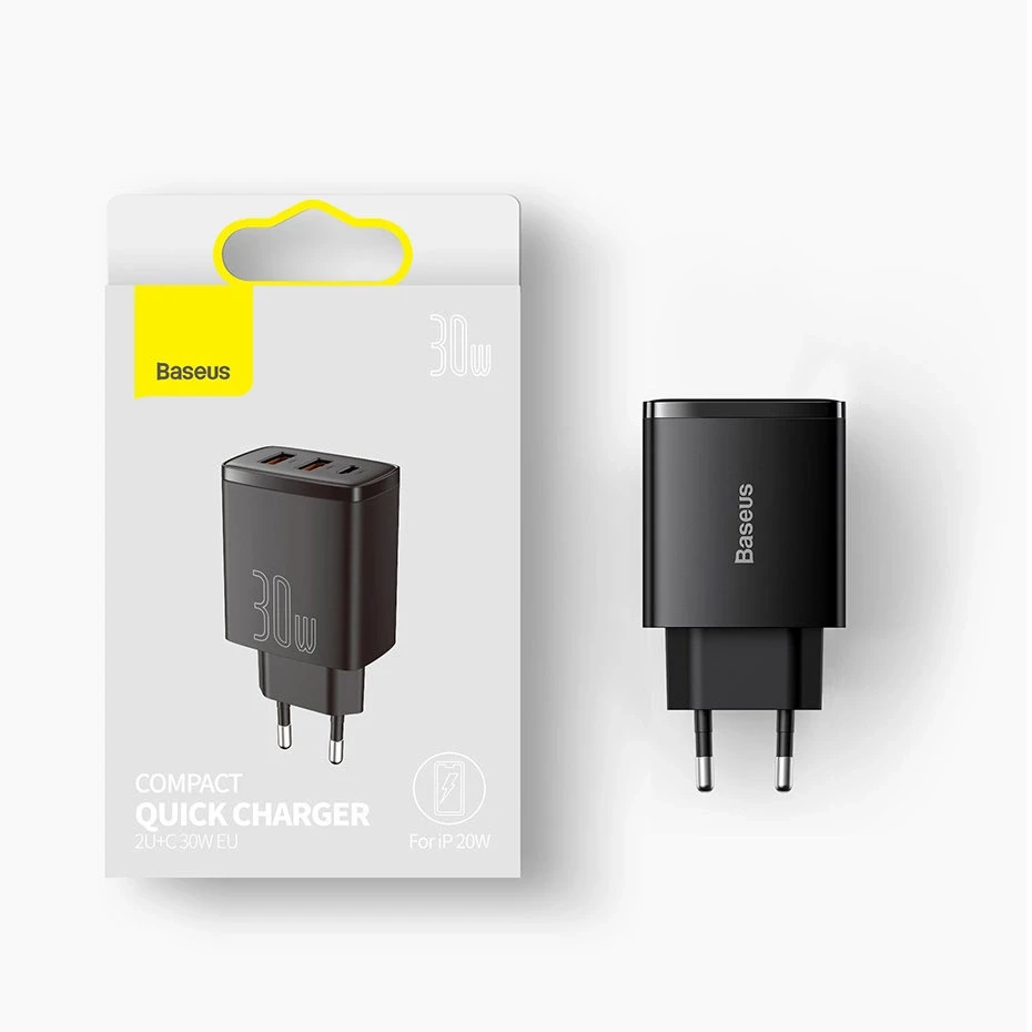 Baseus Sieninis įkroviklis 30W 2xUSB + USB-C QC3.0 PD3.0, juodas