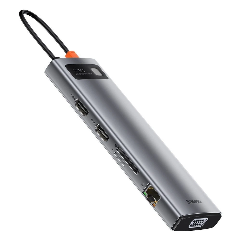 Šakotuvas 11in1 Baseus Metal Gleam Series USB-C į 3x USB 3.0 + 2x HDMI + USB-C PD + Ethernet RJ45 + Micro SD/SD + VGA + AUX