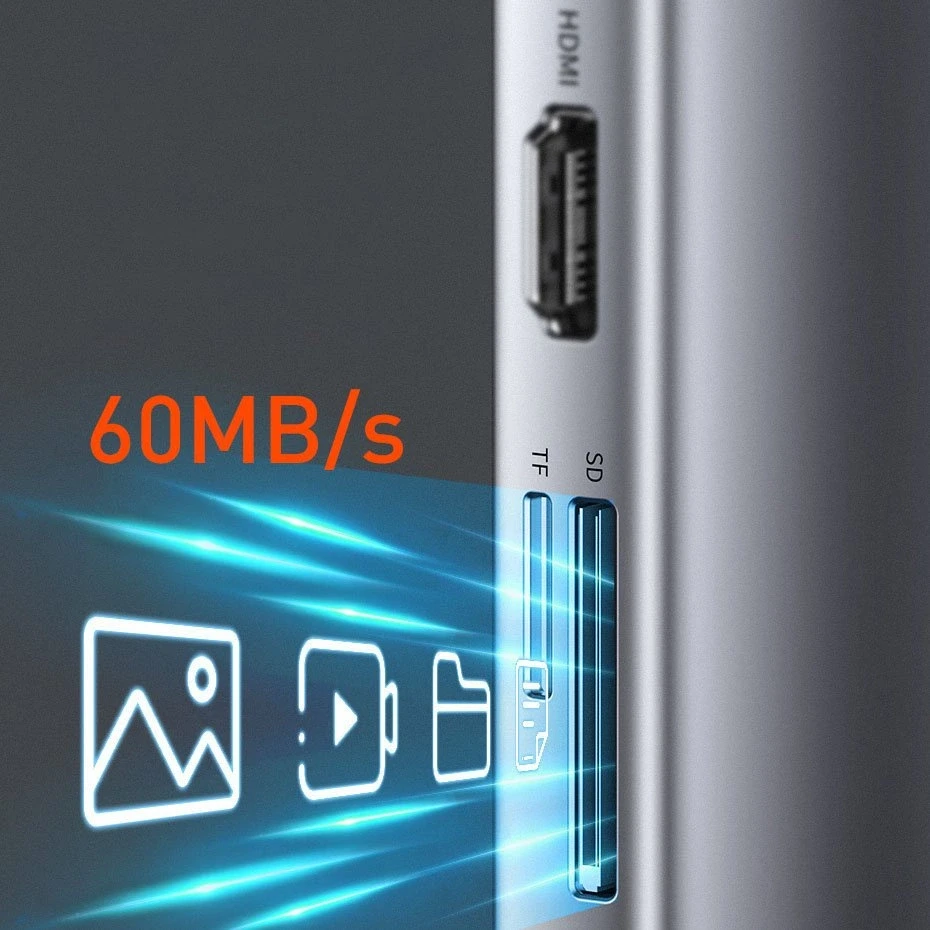 Šakotuvas 11in1 Baseus Metal Gleam Series USB-C į 3x USB 3.0 + 2x HDMI + USB-C PD + Ethernet RJ45 + Micro SD/SD + VGA + AUX