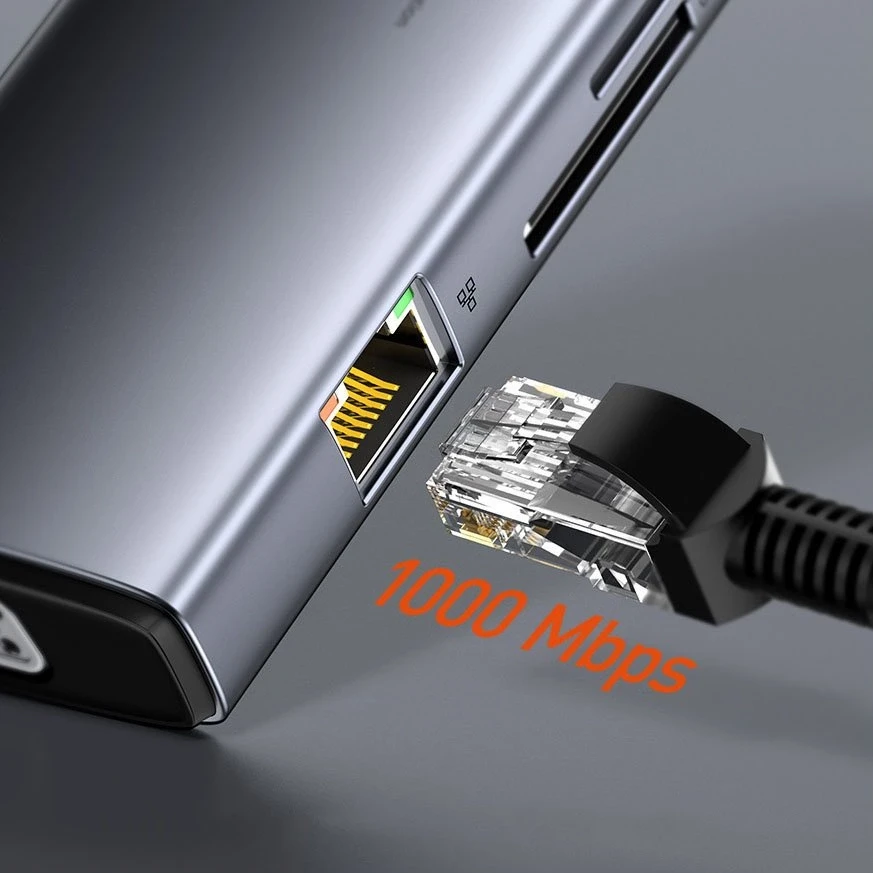 Šakotuvas 11in1 Baseus Metal Gleam Series USB-C į 3x USB 3.0 + 2x HDMI + USB-C PD + Ethernet RJ45 + Micro SD/SD + VGA + AUX