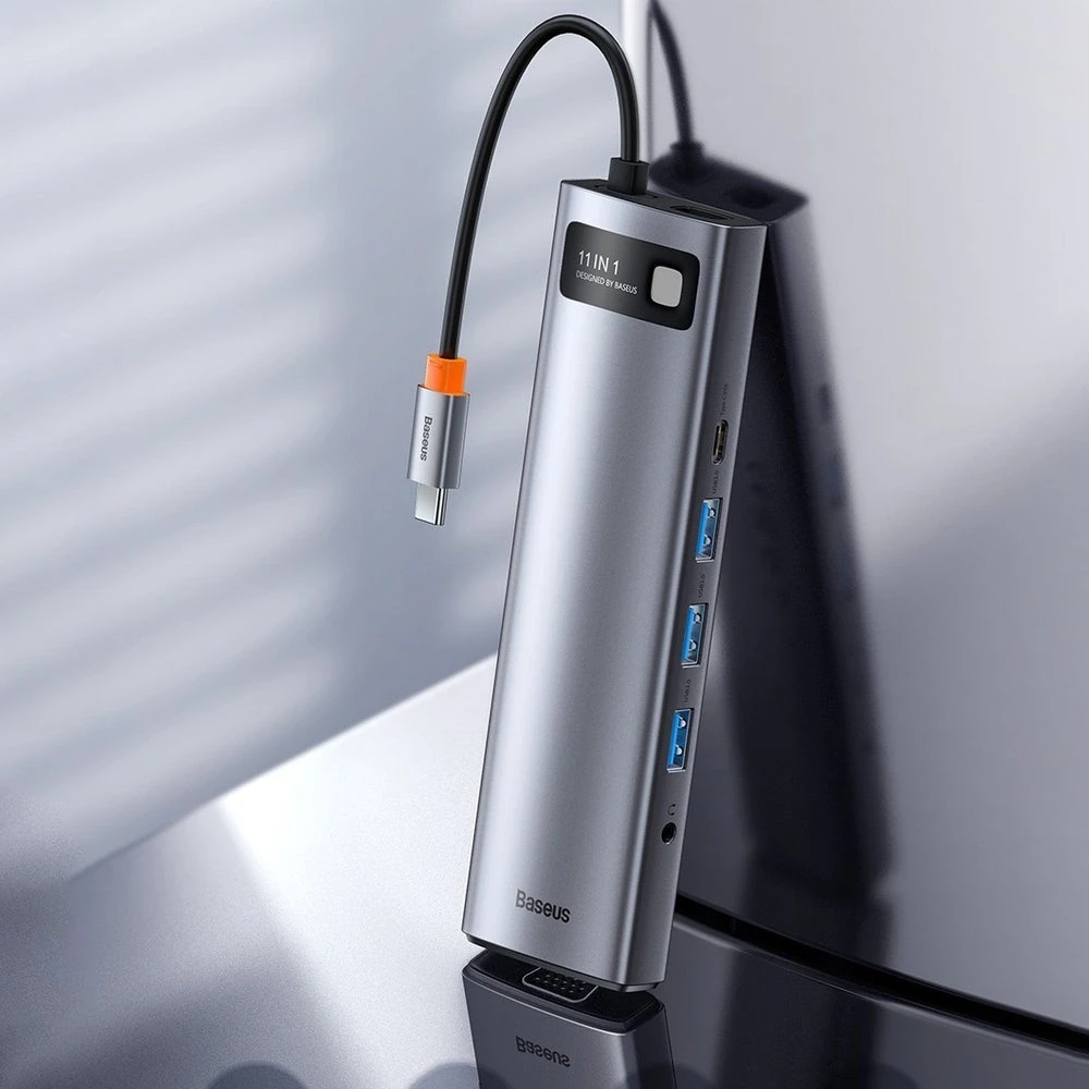 Šakotuvas 11in1 Baseus Metal Gleam Series USB-C į 3x USB 3.0 + 2x HDMI + USB-C PD + Ethernet RJ45 + Micro SD/SD + VGA + AUX