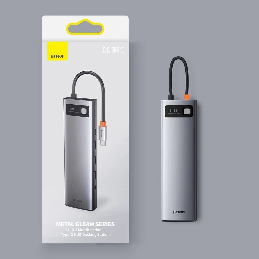 Šakotuvas 11in1 Baseus Metal Gleam Series USB-C į 3x USB 3.0 + 2x HDMI + USB-C PD + Ethernet RJ45 + Micro SD/SD + VGA + AUX