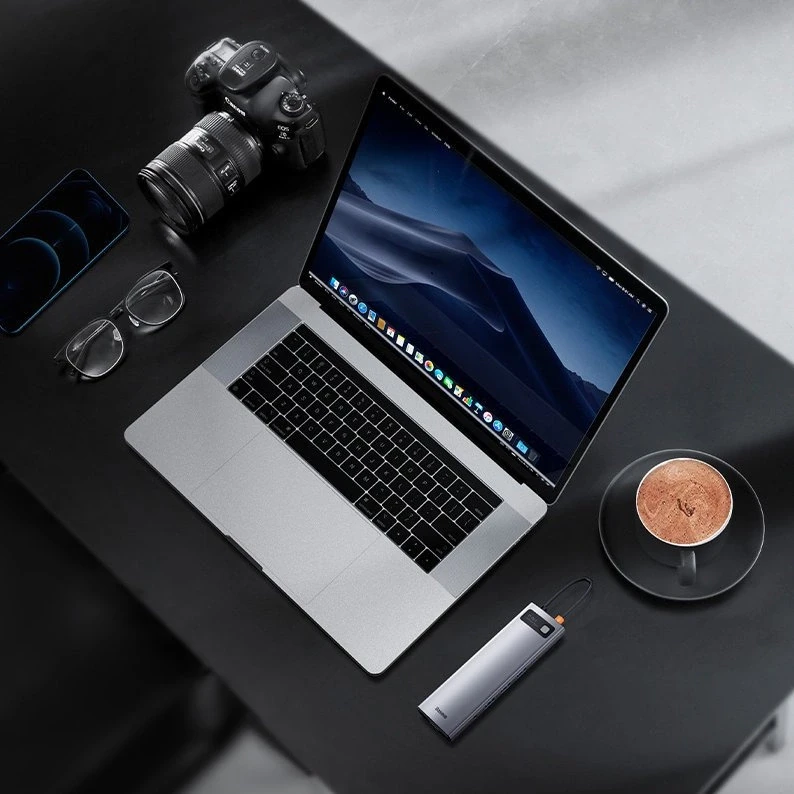Šakotuvas 11in1 Baseus Metal Gleam Series USB-C į 3x USB 3.0 + 2x HDMI + USB-C PD + Ethernet RJ45 + Micro SD/SD + VGA + AUX