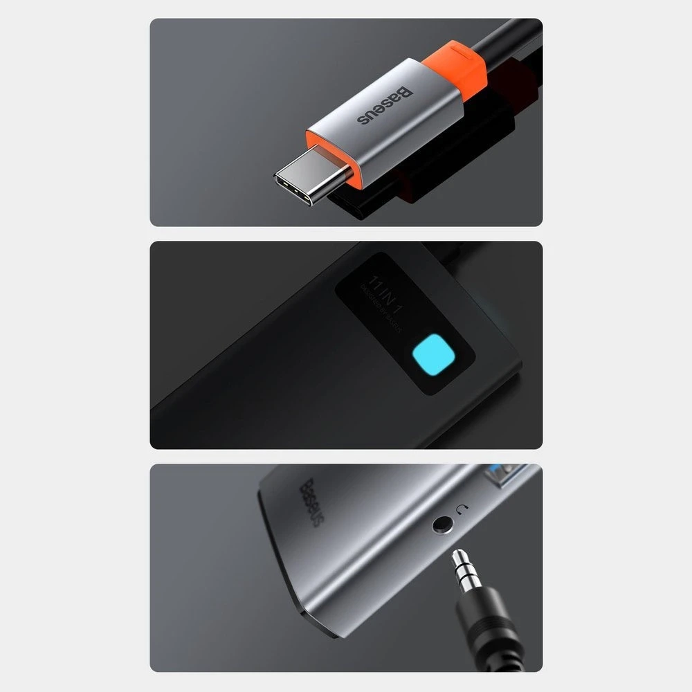 Šakotuvas 11in1 Baseus Metal Gleam Series USB-C į 3x USB 3.0 + 2x HDMI + USB-C PD + Ethernet RJ45 + Micro SD/SD + VGA + AUX