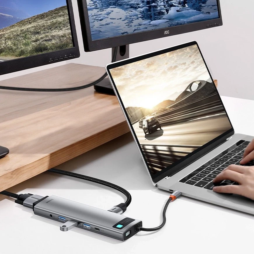 Šakotuvas 11in1 Baseus Metal Gleam Series USB-C į 3x USB 3.0 + 2x HDMI + USB-C PD + Ethernet RJ45 + Micro SD/SD + VGA + AUX