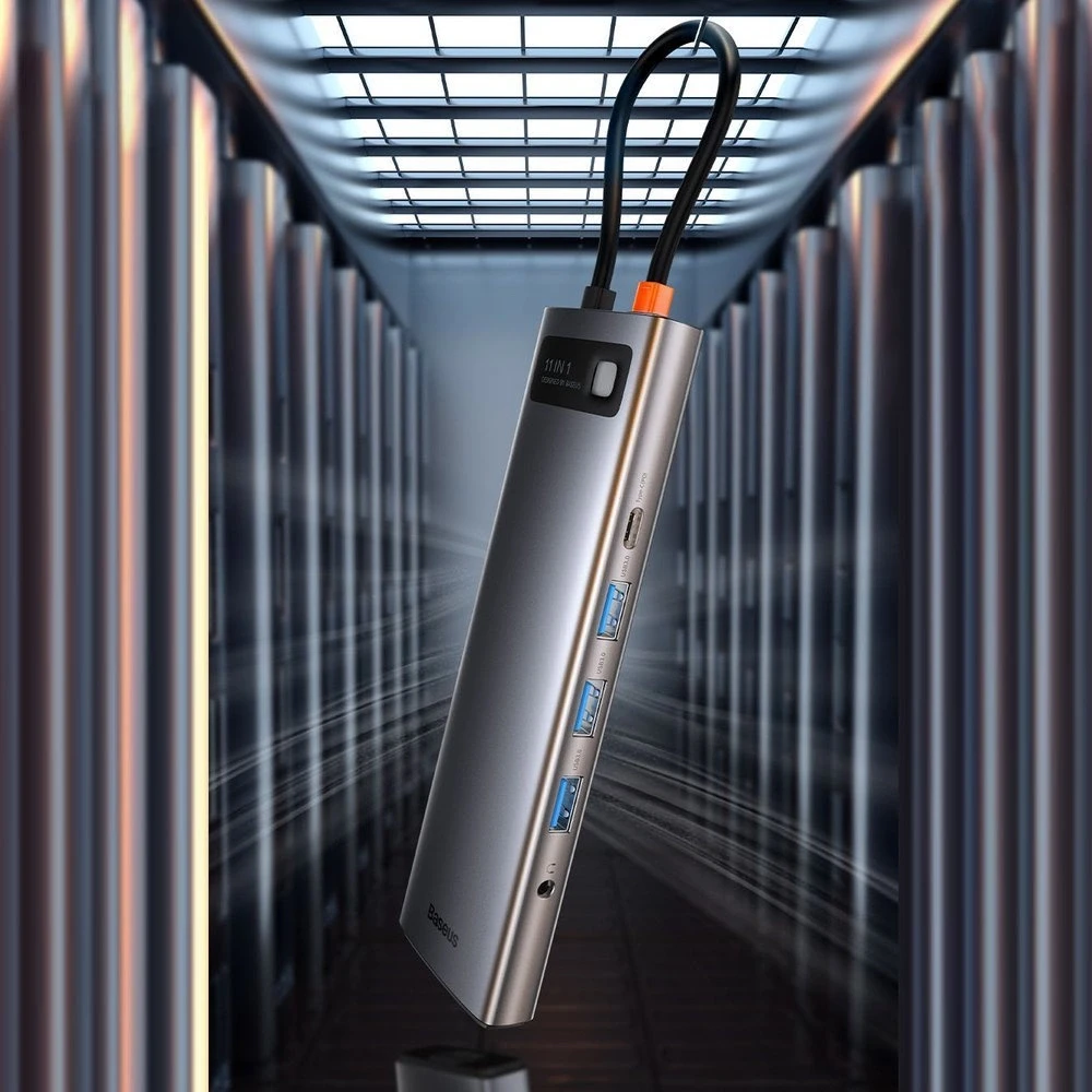 Šakotuvas 11in1 Baseus Metal Gleam Series USB-C į 3x USB 3.0 + 2x HDMI + USB-C PD + Ethernet RJ45 + Micro SD/SD + VGA + AUX