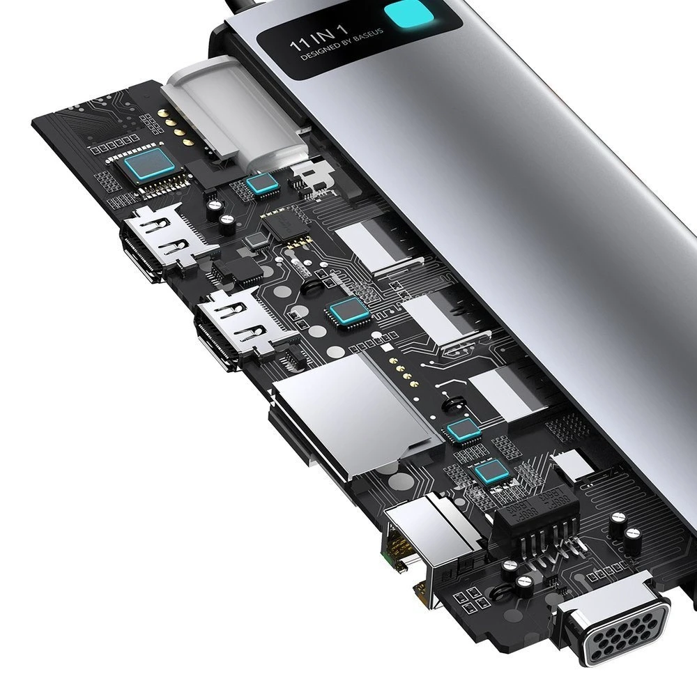 Šakotuvas 11in1 Baseus Metal Gleam Series USB-C į 3x USB 3.0 + 2x HDMI + USB-C PD + Ethernet RJ45 + Micro SD/SD + VGA + AUX