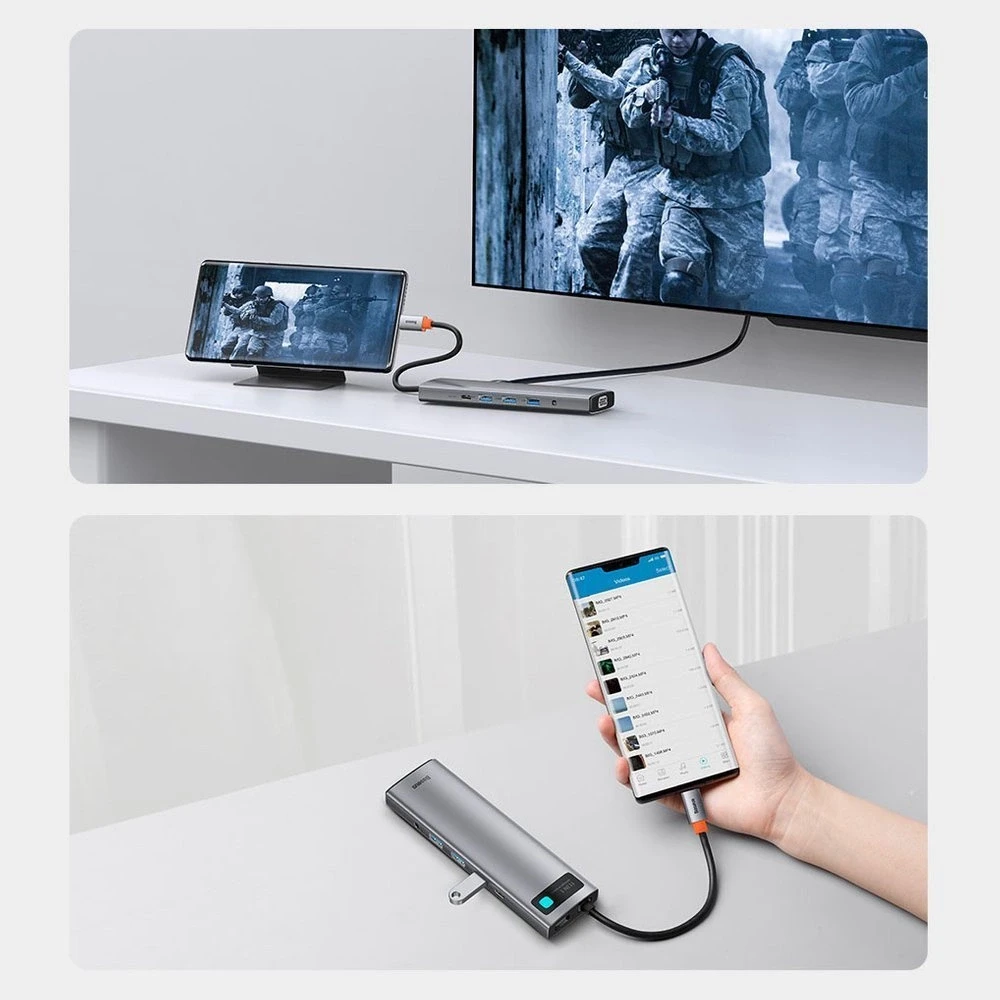 Šakotuvas 11in1 Baseus Metal Gleam Series USB-C į 3x USB 3.0 + 2x HDMI + USB-C PD + Ethernet RJ45 + Micro SD/SD + VGA + AUX