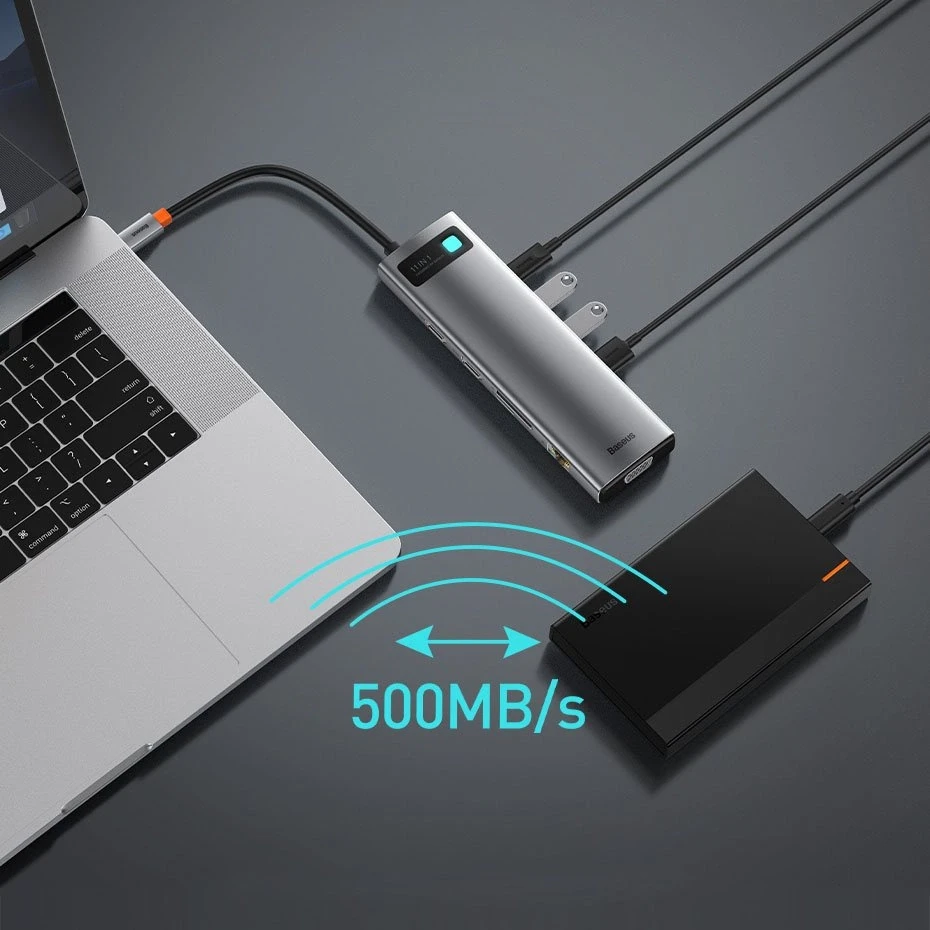 Šakotuvas 11in1 Baseus Metal Gleam Series USB-C į 3x USB 3.0 + 2x HDMI + USB-C PD + Ethernet RJ45 + Micro SD/SD + VGA + AUX