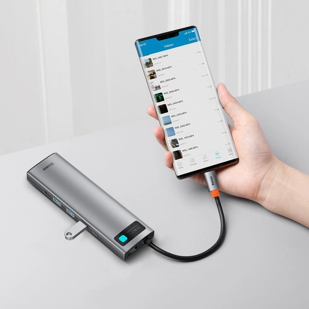 Šakotuvas 11in1 Baseus Metal Gleam Series USB-C į 3x USB 3.0 + 2x HDMI + USB-C PD + Ethernet RJ45 + Micro SD/SD + VGA + AUX