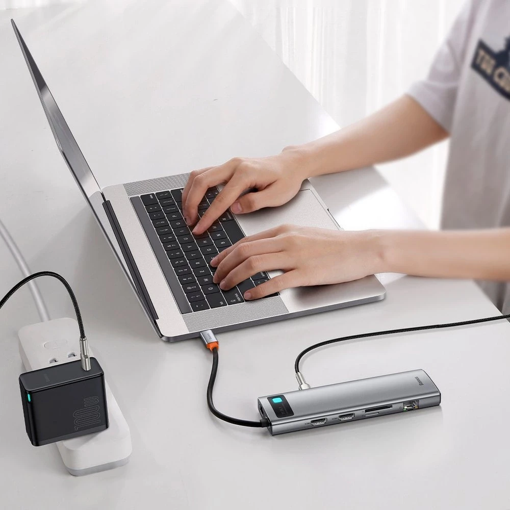 Šakotuvas 11in1 Baseus Metal Gleam Series USB-C į 3x USB 3.0 + 2x HDMI + USB-C PD + Ethernet RJ45 + Micro SD/SD + VGA + AUX