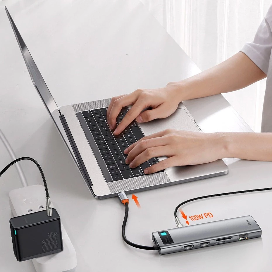 Šakotuvas 11in1 Baseus Metal Gleam Series USB-C į 3x USB 3.0 + 2x HDMI + USB-C PD + Ethernet RJ45 + Micro SD/SD + VGA + AUX