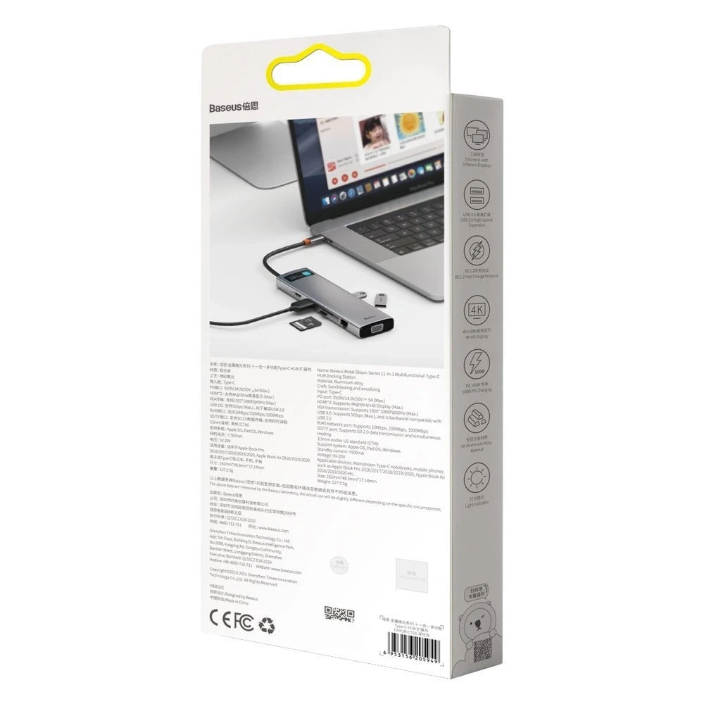 Šakotuvas 11in1 Baseus Metal Gleam Series USB-C į 3x USB 3.0 + 2x HDMI + USB-C PD + Ethernet RJ45 + Micro SD/SD + VGA + AUX