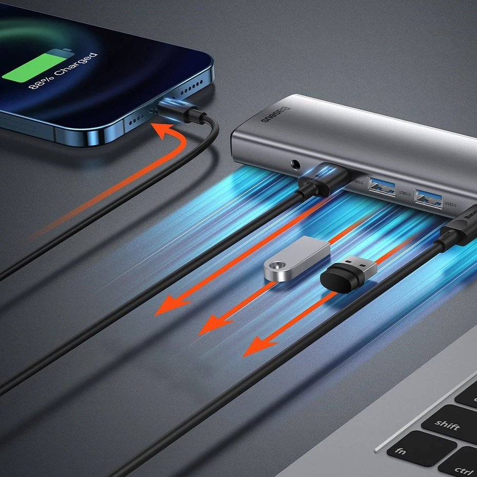 Šakotuvas 11in1 Baseus Metal Gleam Series USB-C į 3x USB 3.0 + 2x HDMI + USB-C PD + Ethernet RJ45 + Micro SD/SD + VGA + AUX