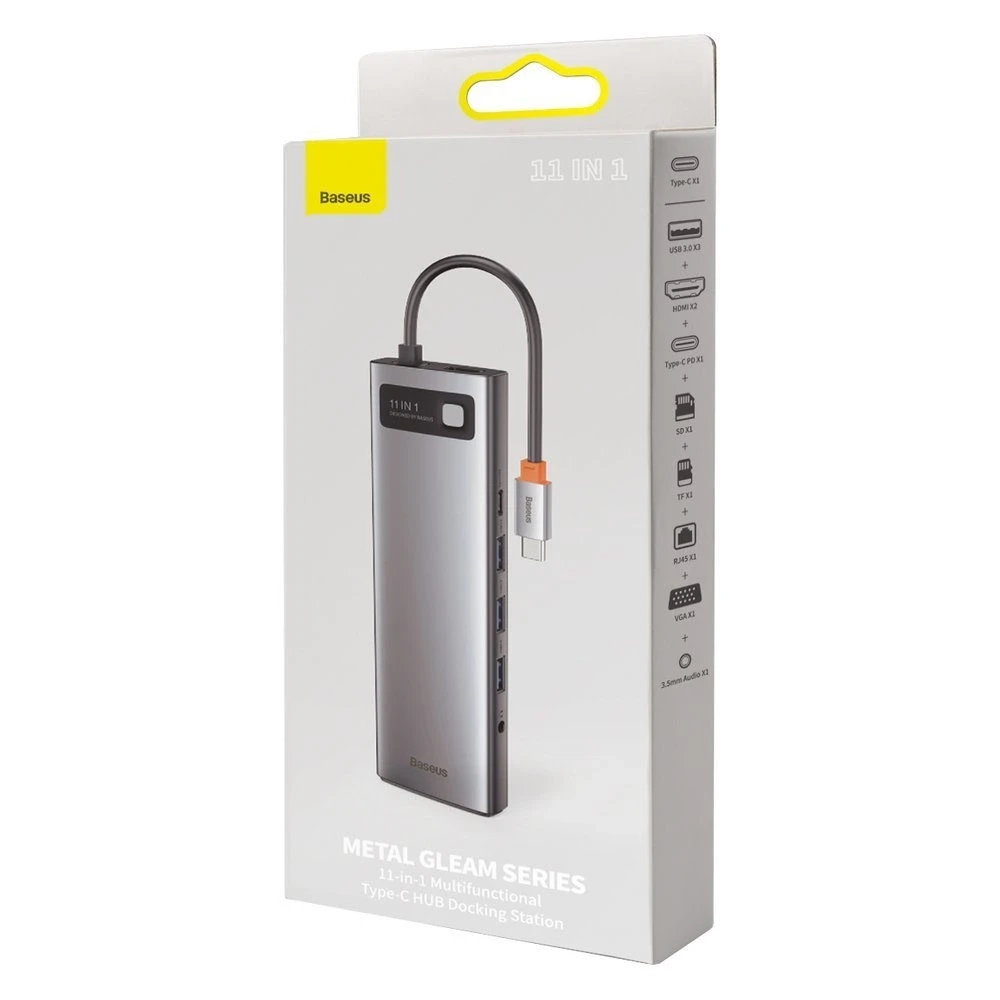 Šakotuvas 11in1 Baseus Metal Gleam Series USB-C į 3x USB 3.0 + 2x HDMI + USB-C PD + Ethernet RJ45 + Micro SD/SD + VGA + AUX