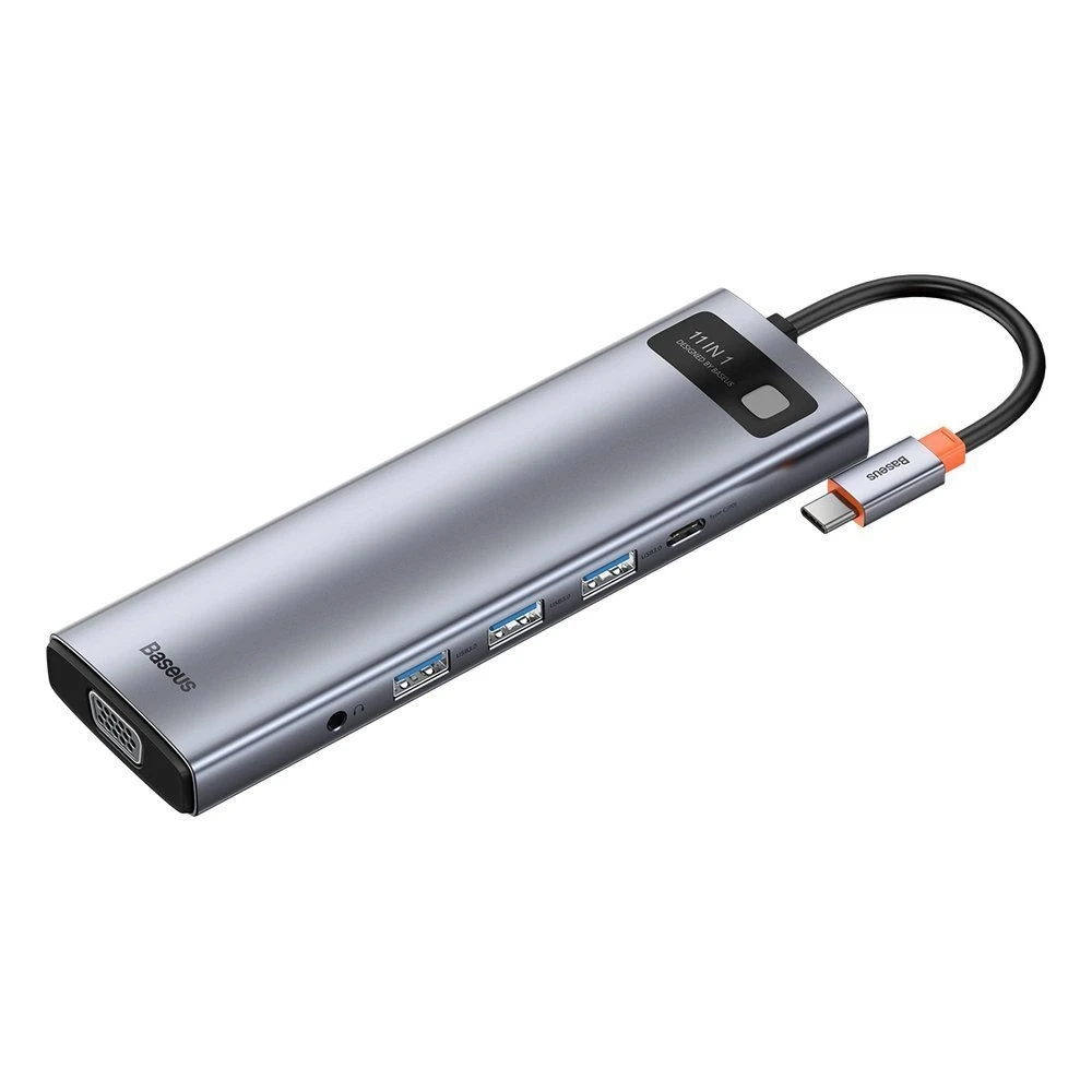 Šakotuvas 11in1 Baseus Metal Gleam Series USB-C į 3x USB 3.0 + 2x HDMI + USB-C PD + Ethernet RJ45 + Micro SD/SD + VGA + AUX