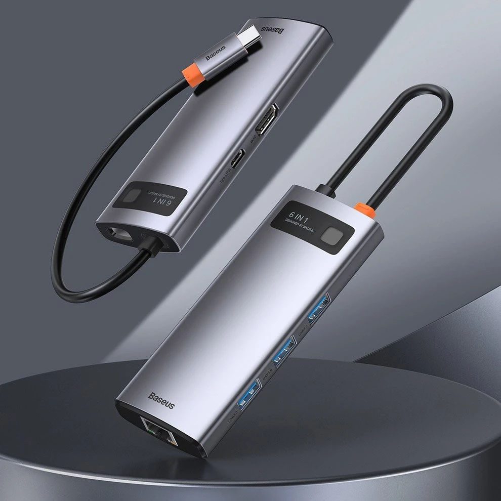 Baseus Metal Gleam serijos 6in1 šakotuvas USB-C - 3x USB 3.0 HDMI USB-C PD Ethernet RJ45
