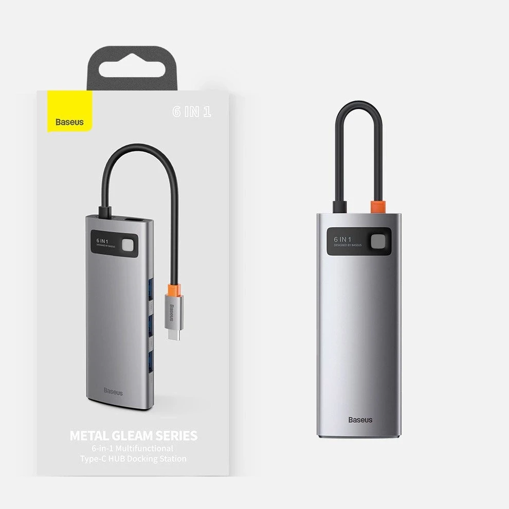 Baseus Metal Gleam serijos 6in1 šakotuvas USB-C - 3x USB 3.0 HDMI USB-C PD Ethernet RJ45