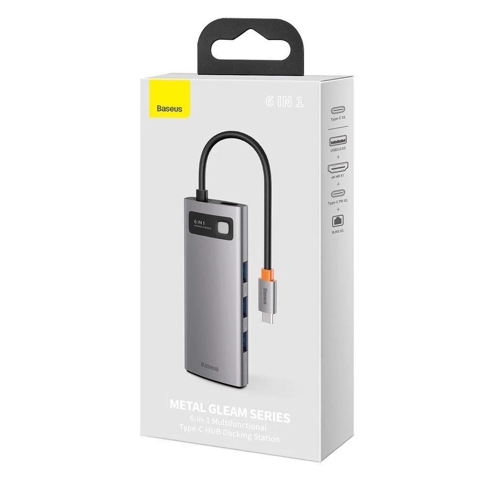 Baseus Metal Gleam serijos 6in1 šakotuvas USB-C - 3x USB 3.0 HDMI USB-C PD Ethernet RJ45