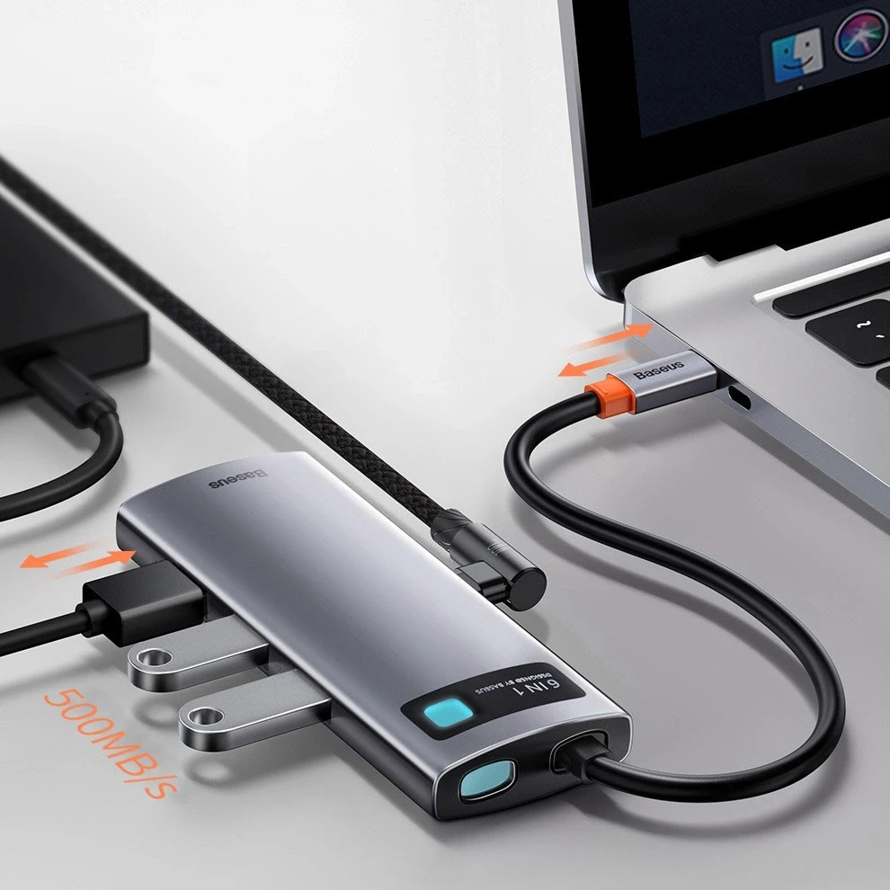 Baseus Metal Gleam serijos 6in1 šakotuvas USB-C - 3x USB 3.0 HDMI USB-C PD Ethernet RJ45