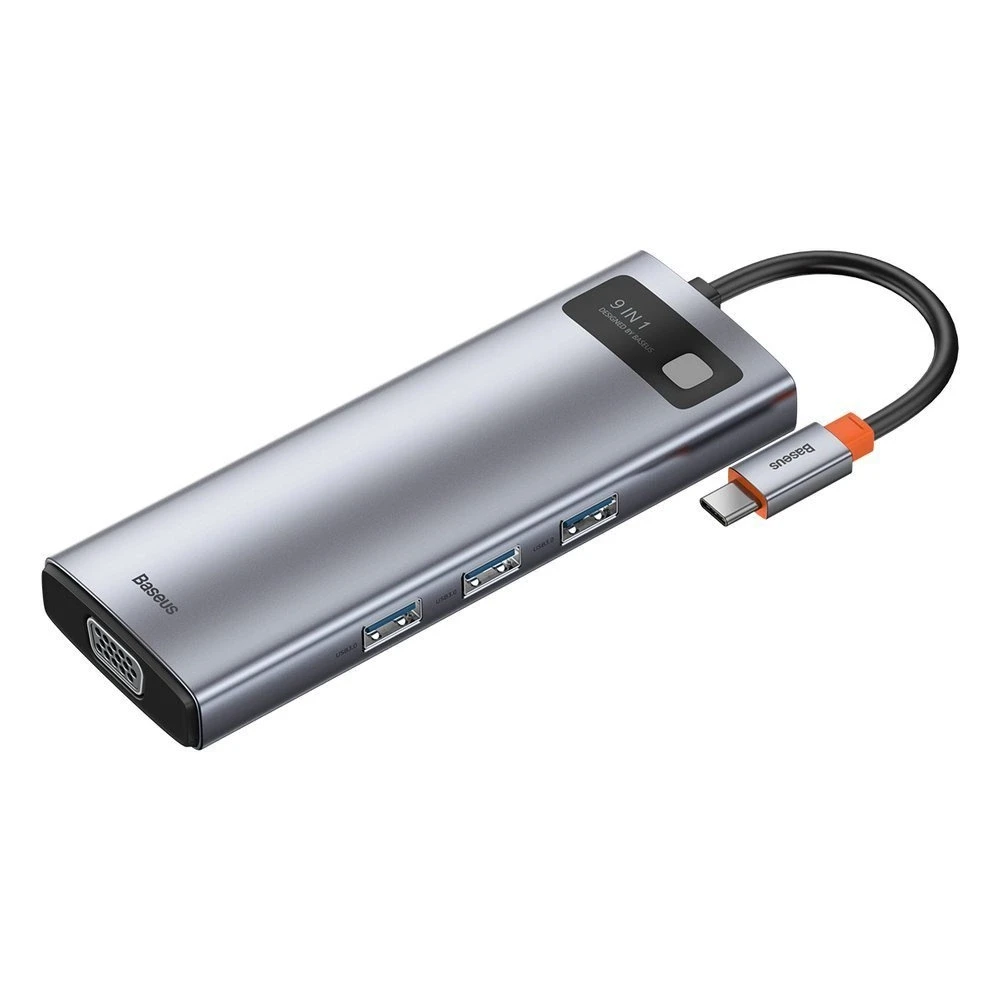 Šakotuvas 9in1 Baseus Metal Gleam Series, USB-C į 3x USB 3.0 + HDMI + USB-C PD + Ethernet RJ45 + Micro SD/SD + VGA