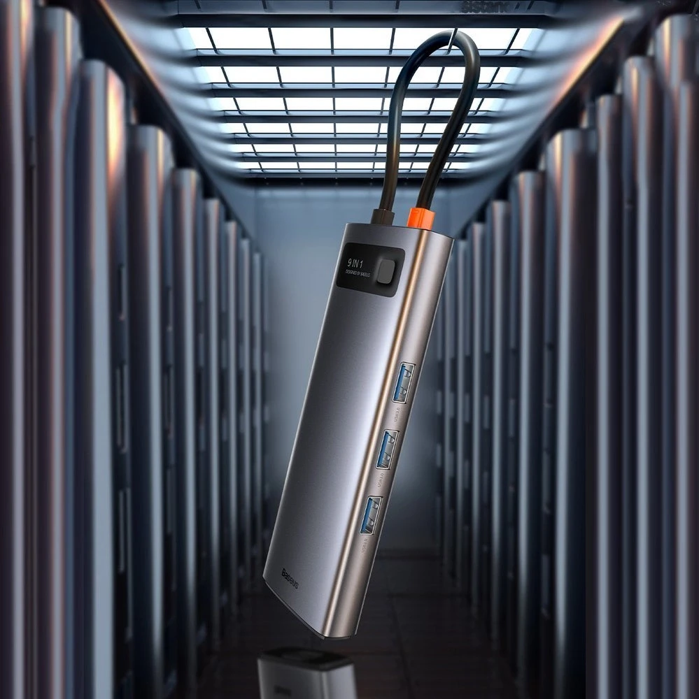 Šakotuvas 9in1 Baseus Metal Gleam Series, USB-C į 3x USB 3.0 + HDMI + USB-C PD + Ethernet RJ45 + Micro SD/SD + VGA