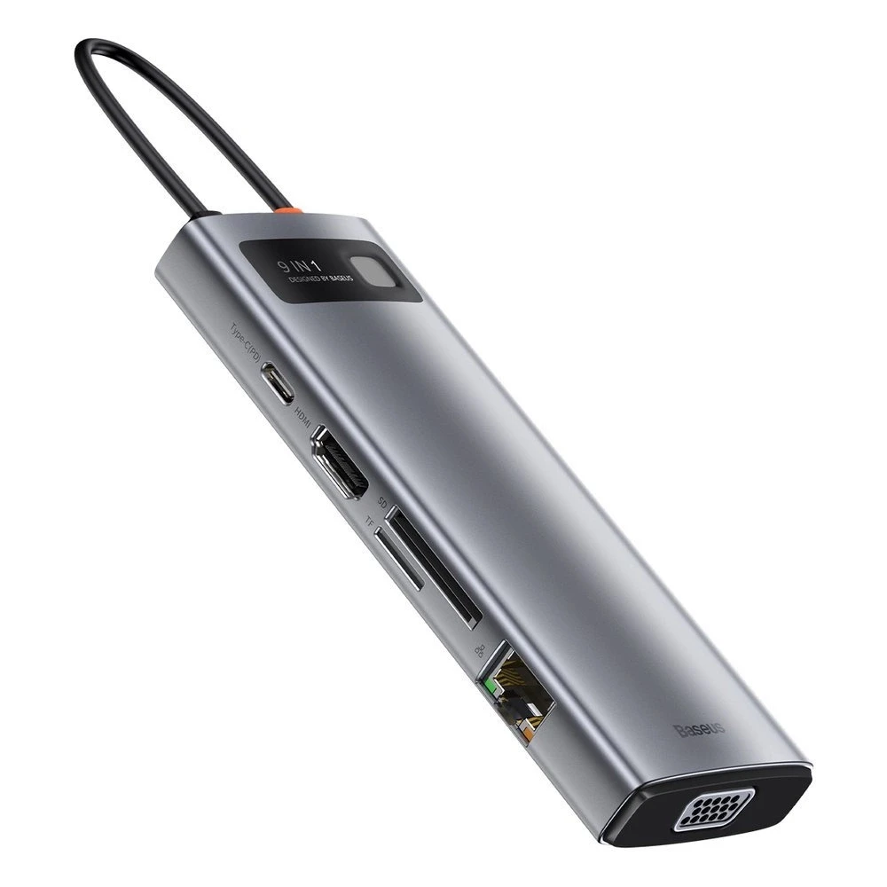 Šakotuvas 9in1 Baseus Metal Gleam Series, USB-C į 3x USB 3.0 + HDMI + USB-C PD + Ethernet RJ45 + Micro SD/SD + VGA