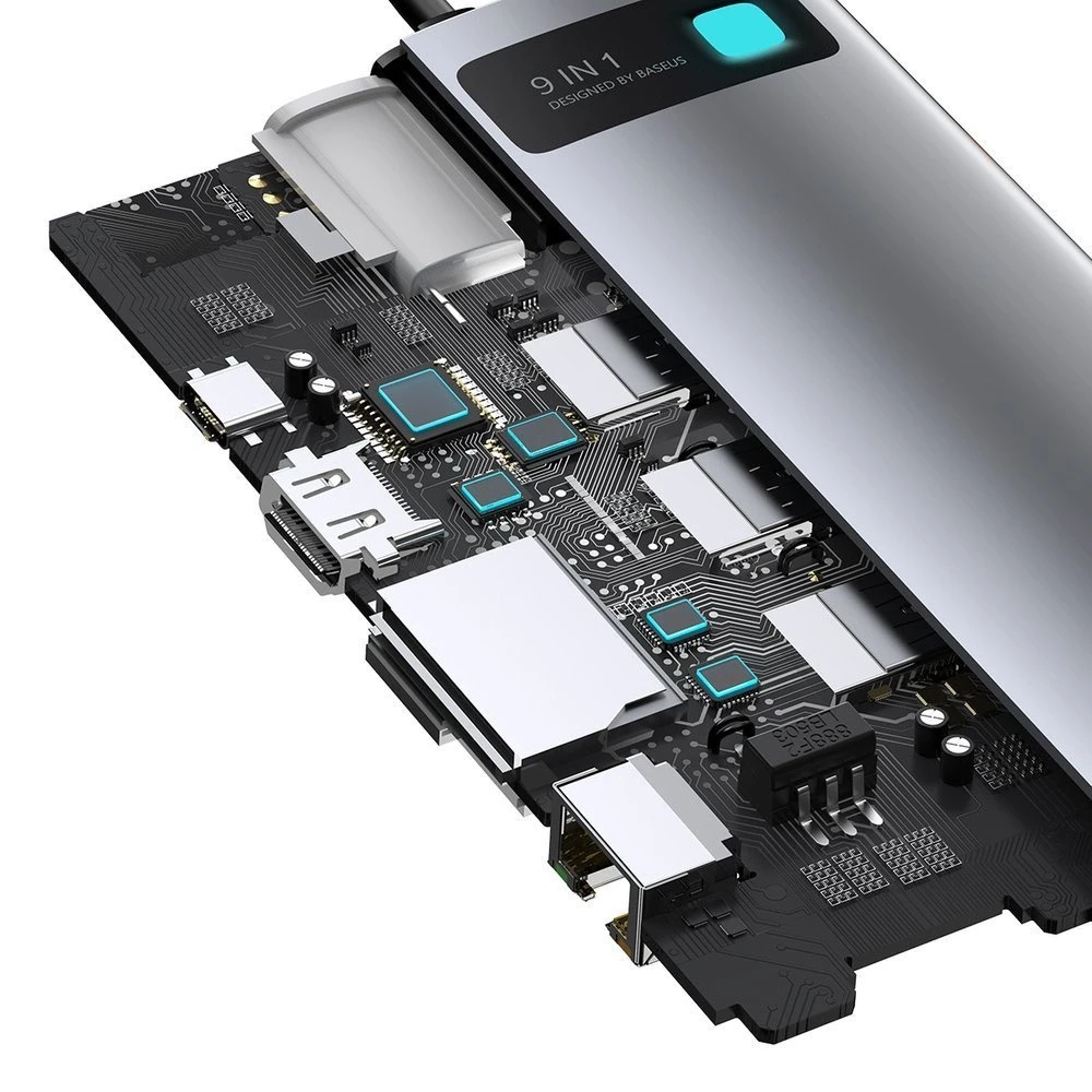 Šakotuvas 9in1 Baseus Metal Gleam Series, USB-C į 3x USB 3.0 + HDMI + USB-C PD + Ethernet RJ45 + Micro SD/SD + VGA